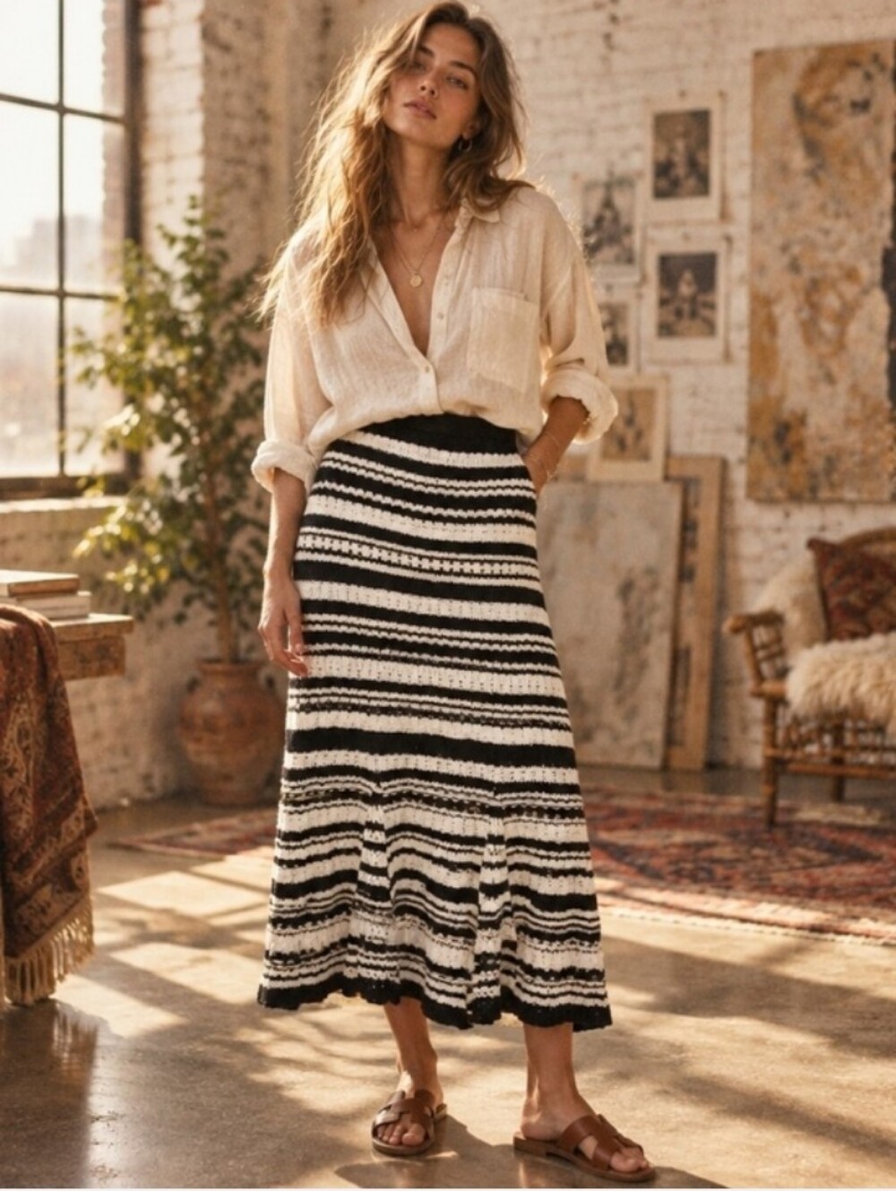 Striped Black & White Knit Maxi Skirt by